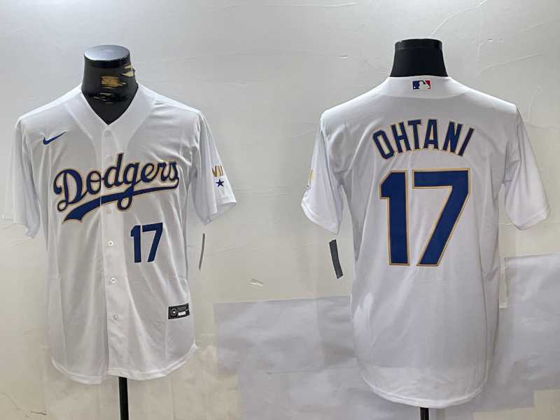 Men%27s Los Angeles Dodgers #17 Shohei Ohtani Number White Gold Championship Stitched Cool Base Nike Jerseys